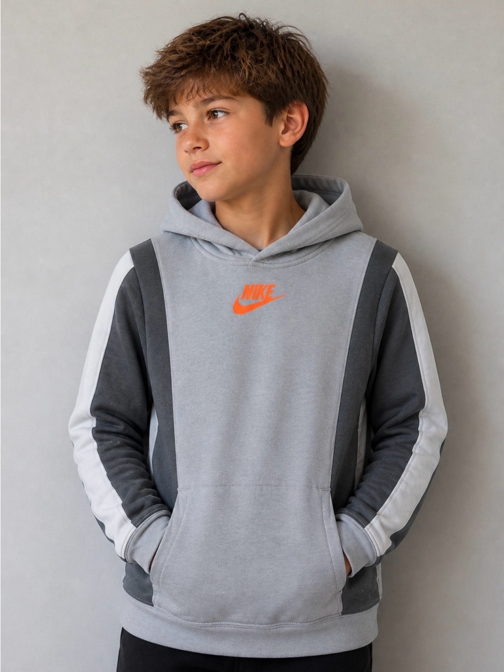 Nike Gray and Dark Gray Kids Hoodie with Orange Logo- Boy’s